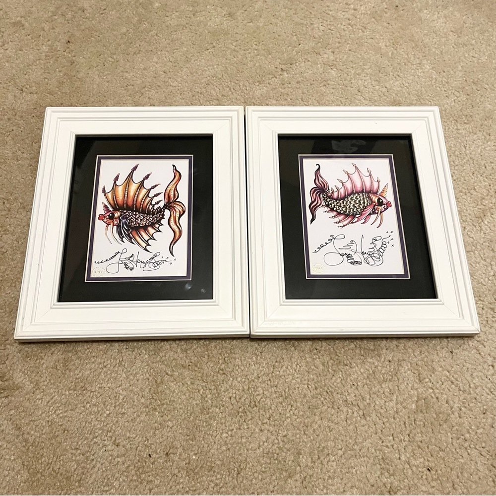 Jamie Hayes Pair of Pucker Fish Prints, Signed, Double Matted, Framed, 8x10